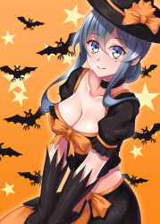 1girl bat_background black_choker black_gloves black_hat black_skirt blue_eyes blue_hair breasts choker cleavage commentary_request gloves gotland_(kancolle) halloween hat highres kantai_collection large_breasts looking_at_viewer midriff mole mole_under_eye orange_background ruin_re_birth skirt solo star_(symbol) star_symbol_background witch_hat yellow_eyes