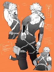 1boy arm_warmers armpits arms_behind_head back bakugou_katsuki boku_no_hero_academia covered_abs greyscale_with_colored_background hand_on_own_hip highres looking_at_viewer male_focus meeco open_mouth orange_background scar scar_on_face simple_background sleeveless solo spiked_hair stretching superhero_costume toned toned_male