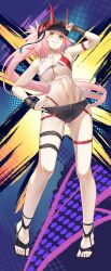 1girl absurdres bare_shoulders baseball_cap belt bikini bikini_under_shorts black_footwear black_hat black_shorts black_visor breasts full_body gluteal_fold green_eyes grin hand_on_own_hip hat horned_hat highres honkai:_star_rail honkai_(series) horned_hat long_hair midriff multicolored_bikini navel noshiro_tomoya pink_hair ponytail rappa_(honkai:_star_rail) red_bikini shorts smile solo standing stomach swimsuit thigh_belt thigh_strap toes two-tone_bikini very_long_hair white_bikini