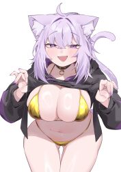 1girl :d absurdres ahoge animal_collar animal_ear_fluff animal_ears bikini bikini_under_clothes black_collar black_hoodie breasts cat_ears cat_girl cat_tail clothes_lift collar commentary_request cowboy_shot crossed_bangs double-parted_bangs fang gluteal_fold gold_bikini golden_week hair_between_eyes highres hololive hood hoodie hoodie_lift jknor large_breasts long_sleeves looking_at_viewer medium_hair messy_hair navel nekomata_okayu open_mouth purple_eyes purple_hair simple_background smile solo stomach string_bikini swimsuit tail thigh_gap virtual_youtuber white_background