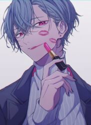 Rule 34 | 1boy, after kiss, black coat, black nails, blue hair, bob cut, coat, commentary, cosmetics, curtained hair, earrings, grey sweater, hair between eyes, highres, holding, holding lipstick tube, jewelry, lipstick, lipstick mark, lipstick tube, looking at viewer, makeup, male focus, mole, mole under eye, moxamog, nose, original, parted lips, pink eyes, pink lips, portrait, short hair, simple background, solo, stud earrings, sweater, symbol-only commentary, white background