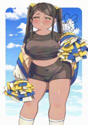 1girl bike_shorts black_hair black_shirt black_shorts blush breasts cheerleader covered_navel crop_top dark-skinned_female dark_skin hair_ribbon helvetica_(yukio_takano) jacket long_hair medium_breasts midriff off-shoulder_jacket off_shoulder open_clothes open_jacket original outdoors plump pom_pom_(cheerleading) ribbon shirt short_shorts shorts signature sky smile socks solo sweat t-shirt twintails white_jacket white_socks yellow_eyes yellow_ribbon