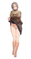 Rule 34 | 1girl, absurdres, brown scarf, brown sweater, character age, clothes lift, commentary request, full body, grey hair, grey skirt, highres, legs, lifting own clothes, long sleeves, looking at viewer, no legwear, original, panties, pleated skirt, samazuka mashiro, scarf, short hair, simple background, skirt, skirt lift, solo, standing, sweater, underwear, variant set, white background, white panties