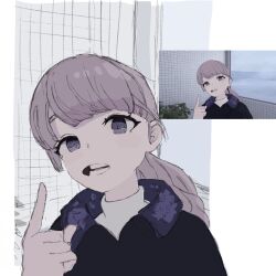 1girl black_coat blue_coat blunt_bangs coat commentary english_commentary eyebrows_hidden_by_hair grey_hair highres lapwing_(vrchat) long_hair open_mouth photo-referenced plant sakiyama_vrc solo sweater teeth tongue turtleneck turtleneck_sweater vrchat white_background white_sweater