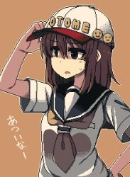 1girl brown_hair grey_eyes hat ikeda_(kasutera) japanese_text looking_to_the_side lowres medium_hair neckerchief original pixel_art school_uniform serafuku shirt solo white_hat white_shirt yellow_background yellow_neckerchief