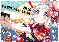 ! +_+ 1girl 2020 absurdres animal animal_ears bell blue_eyes blush brown_eyes checkered_background chinese_zodiac closed_mouth commentary_request diagonal_bangs eating female_focus fingernails floral_print food green_nails happy_new_year highres holding holding_food japanese_clothes jingle_bell kimono kine kurihara_sakura mallet mochi mochi_trail mortar_(bowl) mouse_(animal) mouse_ears multicolored_eyes multicolored_nails nail_polish new_year obi original outside_border outstretched_arms print_kimono red_kimono red_nails sash short_hair short_sleeves silver_hair solo thick_eyebrows upper_body year_of_the_rat yellow_nails