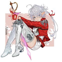 1girl ailout2 alisaie_leveilleur antenna_hair blue_eyes boots character_name cropped_jacket elezen elf eyes_visible_through_hair final_fantasy final_fantasy_xiv fingerless_gloves from_side full_body gloves grey_hair hair_ribbon highres holding holding_sword holding_weapon jacket knee_pads knees_together_feet_apart knees_up long_hair long_sleeves looking_at_viewer open_clothes open_jacket parted_lips pink_background pointy_ears ponytail rapier red_gloves red_jacket red_mage_(final_fantasy) ribbon romper simple_background solo sword thigh_boots two-tone_background weapon white_background white_boots white_romper