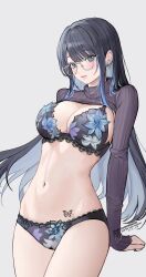 10_plus 1girl black_bra black_hair black_panties blue_eyes blue_hair bra breasts butterfly_tattoo colored_inner_hair commentary_request commission cowboy_shot ear_piercing floral_print_bra floral_print_panties grey-framed_eyewear grey_background highres lace lace-trimmed_bra lace-trimmed_panties lace_trim large_breasts light_blush lingerie long_hair looking_at_viewer mole mole_under_eye multicolored_hair navel original panties parted_bangs piercing pink_lips purple_shrug round_eyewear shrug_(clothing) sidelocks simple_background skeb_commission sleeves_past_wrists solo stomach tattoo turtleneck_shrug underwear