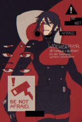 1girl absurdres android black_hair blood blue_eyes cyberpunk elster_(signalis) english_text gun highres holding joints metal_skin red_eyes robot_girl robot_joints science_fiction short_hair signalis solo weapon wolvzephyr
