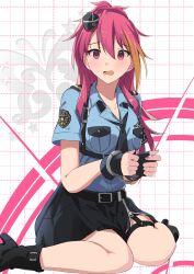 1girl absurdres belt belt_buckle black_belt black_boots black_necktie black_skirt blue_shirt boots breast_pocket buckle collarbone commentary_request cuffs dress_shirt hair_between_eyes handcuffs hat highres idolmaster idolmaster_million_live! long_hair maihama_ayumu mini_hat miniskirt multicolored_hair nashiki_053 necktie open_mouth pink_hair pocket police police_hat police_uniform policewoman red_eyes shirt short_sleeves sitting skirt solo streaked_hair wariza wavy_mouth white_background