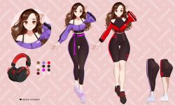 1girl animification anntan artist_name ass bike_shorts black_footwear black_shirt black_shorts collarbone color_guide commentary english_commentary full_body halter_shirt halterneck headphones heart looking_at_viewer off-shoulder_shirt off_shoulder official_art offlinetv pants pokimane purple_eyes purple_footwear purple_shirt real_life second-party_source shirt shoes shorts smile sneakers socks thigh_gap virtual_youtuber white_socks yoga_pants
