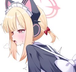1girl animal_ear_headphones animal_ears apron back_bow black_dress blonde_hair blue_archive blunt_bangs blush bow cardcat_00 cat_ear_headphones cat_ears commentary dress fake_animal_ears hair_bow halo headphones highres implied_sex korean_commentary leaning_forward long_sleeves maid maid_apron maid_headdress momoi_(blue_archive) momoi_(maid)_(blue_archive) official_alternate_costume open_mouth parted_bangs pink_eyes pink_halo ponytail profile red_bow short_hair short_ponytail sidelocks simple_background solo sweat tearing_up teeth trembling upper_body upper_teeth_only white_apron white_background white_bow white_headdress