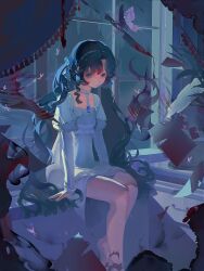 1girl absurdres against_window aged_down ambiguous_red_liquid barefoot black_hair bug butterfly chl---- curtains dress feet_out_of_frame highres insect isolde_(reverse:1999) juliet_sleeves knife long_hair long_sleeves night puffy_sleeves purple_butterfly purple_eyes reverse:1999 short_dress sitting solo very_long_hair white_dress window