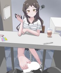 Rule 34 | 1boy, 1girl, absurdres, blank censor, blush, brown eyes, brown hair, cellphone, censored, chair, closed mouth, drink, erection, feet, footjob, hetero, highres, holding, holding phone, idolmaster, idolmaster million live!, indoors, kitazawa shiho, long hair, looking down, ohgi910, on chair, pen, penis, phone, pov, pov crotch, shirt, shoes, short sleeves, single bare foot, single shoe, sitting, smartphone, striped clothes, striped shirt, sweatdrop, table, toenails, toes, wavy mouth