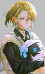 1boy 4the2ofus artist_name beak beret black_choker black_shirt blonde_hair blue_bow blue_eyes bow braid choker closed_mouth collared_shirt commentary_request cross floating_hair freckles freminet_(genshin_impact) genshin_impact grey_background hair_over_one_eye hat highres holding holding_stuffed_toy long_sleeves looking_at_viewer male_focus pers_(genshin_impact) puffy_long_sleeves puffy_sleeves shirt short_hair simple_background solo stuffed_animal stuffed_toy sweater_vest upper_body white_hat yellow_sweater_vest