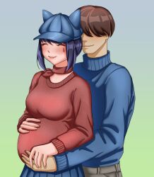 1boy 1girl animal_ear_headwear big_belly blue_hair blue_hat blue_skirt breasts choker closed_mouth cool_mita_(miside) fake_animal_ears green_background hat long_hair long_sleeves low_ponytail mark_under_eye medium_breasts miside mita_(miside) player_character_(miside) pleated_skirt ponytail pregnant red_choker red_sweater skirt smile sweater