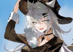 1girl adjusting_clothes adjusting_headwear animal_ear_fluff animal_ears arknights arm_up black_collar black_dress black_hat blue_background breasts collar dress ears_through_headwear feather_boa grey_eyes grey_hair hair_ornament hairclip hat lappland_(arknights) large_breasts long_hair looking_at_viewer meng_ziya open_mouth scar scar_across_eye scar_on_face simple_background sketch smile solo upper_body wolf_ears wolf_girl