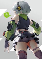 Rule 34 | 1girl, absurdres, anby demara, ass, bare shoulders, bike shorts, black gloves, black shorts, black skirt, black thighhighs, commentary, cropped jacket, detached sleeves, fingerless gloves, from behind, gloves, headphones, highres, hood, hood down, hooded jacket, jacket, jelmul, midriff, pleated skirt, short hair, shorts, skindentation, skirt, sleeveless, sleeveless jacket, solo, thigh strap, thighhighs, thighs, white hair, zenless zone zero