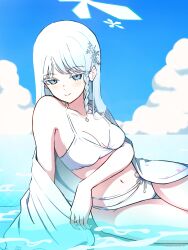 1girl absurdres aruke_(gter7727) bikini blue_archive breasts colored_eyelashes grey_eyes halo highres nagusa_(blue_archive) nagusa_(swimsuit)_(blue_archive) navel official_alternate_costume smile solo swimsuit white_bikini white_eyelashes white_halo