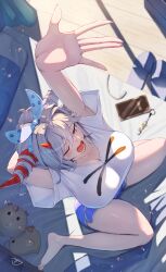 1girl antenna_hair arm_behind_head arms_up azur_lane bed blue_eyes blue_shorts blush bow breasts cellphone cellphone_charm charm_(object) cleavage commentary_request day feet from_above hair_between_eyes hair_bow hair_on_horn hakuryuu_(azur_lane) hakuryuu_(four_fine_layers)_(azur_lane) highres horns indoors large_breasts light_particles long_hair looking_ahead manjuu_(azur_lane) official_alternate_costume on_bed one_eye_closed open_mouth phone pillow ropi_(yyuichi29) shirt short_sleeves shorts sitting slippers smartphone solo stretching teardrop toes unworn_slippers wariza wavy_mouth white_hair white_shirt wooden_floor yawning