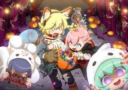1girl 5boys against_fourth_wall animal_collar animal_ear_hairband animal_ears animal_hands arm_warmers artist_name baby bag bandaid bandaid_on_face bare_arms bare_tree basket black_cape black_hair black_hairband black_pants blonde_hair blood blood_on_clothes blood_on_face blood_on_hands blood_writing blue_eyes blue_hair blue_shirt blue_skin candy candy_wrapper cape cloak closed_mouth collar colored_skin commentary cookie costume covered_eyes crossed_bandaids crown dog_ears dog_tail drooling fake_animal_ears fake_tail fang fingernails floating food frankenstein_(puyopuyo) ghost_costume ghost_tail gloves grass green_hair green_skin hair_between_eyes hair_over_eyes hairband halloween halloween_bucket halloween_costume hands_up happy_halloween highres holding holding_basket holding_sign hood hood_up hooded_cloak jack-o&#039;-lantern leash lollipop looking_at_viewer mini_crown motimoti_mgmg mouth_drool multiple_boys nail_polish o_o object_through_head ocean_prince open_mouth orange_overalls otomo_(puyopuyo) overalls pants path paw_gloves paw_shoes pink_hair plastic_bag pumpkin purple_eyes puyopuyo puyopuyo_fever_2 red_cape red_collar red_eyes red_nails red_shirt rei_(puyopuyo) road salde_canarl_shellbrick_iii screw screw_in_head sharp_fingernails shirt short_hair sign silk smile sparkling_eyes spider_web standing star_(symbol) stroller surprised swirl_lollipop tail tape tombstone torn_clothes torn_pants torn_shirt tree twitter_username two-sided_cape two-sided_fabric vampire_costume walking werewolf_costume white_arm_warmers white_cloak yellow_eyes yu_(puyopuyo)