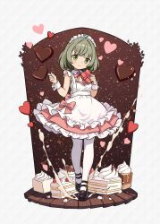 1girl apron breasts cake cake_slice candy chocolate chocolate_heart cleavage closed_mouth dress food fruit full_body gift green_eyes grey_background heart heart-shaped_food highres holding holding_gift looking_at_viewer maid_headdress millet_(world_flipper) mwm5 pantyhose pink_dress short_hair solo standing strawberry valentine white_apron white_pantyhose world_flipper wrist_cuffs