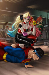 1boy 3girls arm_behind_back black_hair black_pants black_shirt blonde_hair blue_hair blue_headband breasts cape choker cleavage closed_eyes dc_comics elbow_pads exercising green_pants gym harley_quinn headband highres indoors leirix long_hair medium_breasts multicolored_hair multiple_girls one_eye_closed orange_hair pants pink_headband poison_ivy push-ups red_cape red_choker red_footwear red_hair red_pants red_shirt shirt shoes short_hair shoulder_tattoo squatting standing_on_person stopwatch superman tattoo treadmill twintails two-tone_pants two-tone_shirt watch whistle whistling wonder_woman