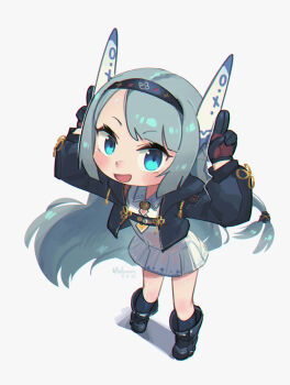 Rule 34 | 1girl, :d, artist name, black boots, black hairband, black jacket, black socks, blue eyes, blush, boots, borrowed character, commentary, cropped jacket, dated, dress, english commentary, full body, gloves, grey background, grey hair, hairband, hands up, highres, jacket, long hair, long sleeves, looking at viewer, necktie, open mouth, original, porforever, short dress, simple background, smile, socks, solo, standing, very long hair, white dress, yellow necktie