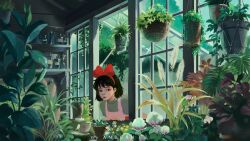 1girl absurdres anbean apron artist_name black_hair bow cattail commentary english_commentary flower glass_bottle greenhouse hanging_plant highres indoors jar kiki_(majo_no_takkyuubin) leaf leaning_forward looking_at_plant looking_inside looking_through_window majo_no_takkyuubin mason_jar medium_hair open_mouth outdoors pink_apron pink_flower plant potted_plant red_bow scene_reference sky studio_ghibli white_flower