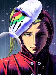 1boy black_eyes blackmore blonde_hair catch_the_rainbow coat commentary commentary_request eyeshadow green_eyeshadow hatching_(texture) highres hood hood_up jojo_no_kimyou_na_bouken keiimajima02 lips looking_at_viewer makeup mask mask_on_head partially_shaded_face ponytail portrait rain rainbow_print raincoat red_coat red_hood solo stand_(jojo) steel_ball_run water_drop white_mask