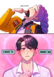 Rule 34 | 1boy, 1girl, aery orange, black hair, blush, braid, braided ponytail, commentary, earrings, eating, english commentary, english text, food, jacket, jewelry, jinu (kpop demon hunters), kpop demon hunters, makizushi, ponytail, purple hair, ring, rumi (kpop demon hunters), sexually suggestive, short hair, sushi, swallowing
