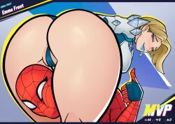 Rule 34 | 1boy, 1girl, absurdres, ass, blonde hair, blue eyes, blue lips, blush, breasts, commentary, earrings, emma frost, english commentary, english text, head between thighs, highres, illuxxxtrandy, jewelry, large breasts, letterboxed, light smile, looking at viewer, marvel, marvel rivals, partially visible vulva, patreon username, short hair, spider-man, thick thighs, thighs, thumbs up, watermark