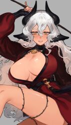 1girl arm_up black_horns breasts cleavage commission cowboy_shot dress ear_wings grey_background grin hair_between_eyes hand_up highres holding horns ing_(ing205509) large_breasts leg_up long_hair long_sleeves looking_at_viewer no_bra orange_eyes original plunging_neckline puffy_long_sleeves puffy_sleeves red_dress smile solo thigh_strap very_long_hair white_hair