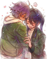 2boys :d absurdres ahoge blush casual coat cowboy_shot dark-skinned_male dark_skin ensemble_stars! flower_symbol flying_sweatdrops green_coat green_jacket hair_between_eyes hair_intakes hand_on_another&#039;s_arm happy heads_together heart height_difference high_collar highres hood hoodie jacket jacket_over_hoodie kanzaki_souma laughing light_particles long_hair long_sleeves male_focus motoyui multiple_boys open_mouth otogari_adonis outline ponytail puff_of_air purple_hair raised_eyebrow raised_eyebrows shirt short_hair sidelocks simple_background smile star_(symbol) v-shaped_eyebrows white_background white_hoodie white_outline white_shirt whiten_wolf winter_clothes yaoi