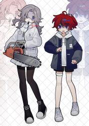 Rule 34 | aotsuki eito, black gloves, black hair, black pantyhose, black shoes, black shorts, blush, chainsaw, commentary, crying, crying with eyes open, full body, genderswap, genderswap (mtf), glasses, gloves, grey hair, grey jacket, hair between eyes, highres, holding, holding chainsaw, hood, hood down, hoodie, jacket, long sleeves, multicolored hair, open mouth, pantyhose, pleated skirt, ponytail, red hair, shoes, shorts, skirt, sneakers, standing, streaked hair, sumino takumi, symbol-only commentary, tears, the hundred line -last defense academy-, white hoodie, white jacket, white shoes, white skirt, xin ci, zoom layer