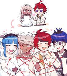 Rule 34 | 2boys, 2girls, ahoge, amemiya darumi, bisexual female, bisexual male, black hair, blonde hair, blue hair, blush, breasts, bridal veil, chibi, cleavage, closed eyes, collarbone, dark-skinned female, dark skin, dress, eyepatch, face piercing, formal clothes, gloves, grey eyes, heart, hetero, highres, japanese clothes, kawana tsubasa, lip piercing, messy hair, mole, mole under mouth, multicolored hair, multiple boys, multiple girls, omokage yugamu, one eye covered, open mouth, piercing, polygamy, red hair, red rope, red string, rope, string, suit, sumino takumi, the hundred line -last defense academy-, veil, wedding, wedding dress, white gloves, yaoi, yuri
