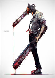 1boy artist_name black_necktie black_pants blood blood_drip blood_on_clothes blood_on_face blood_on_shoes bloody_weapon chainsaw chainsaw_man collared_shirt denji_(chainsaw_man) hybrid k-suwabe necktie no_eyes pants sharp_teeth shirt simple_background solo teeth weapon white_background white_shirt