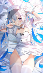 Rule 34 | amane kanata, amane kanata (nurse), angel wings, animal ears, asymmetrical hair, bandages, belt, blue hair, blue wings, blush, breasts, cleavage, colored inner hair, fake animal ears, grey hair, hair ornament, hairclip, hat, highres, holoforce, hololive, id card, kurot, long hair, looking at viewer, low twintails, mini wings, multicolored hair, nurse cap, on bed, one eye closed, open mouth, panties, pink hair, purple eyes, rabbit ears, shirt, single hair intake, small breasts, streaked hair, thighhighs, twintails, underwear, virtual youtuber, white shirt, white wings, wings