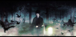 Rule 34 | 1boy, bird, black hair, black kimono, blunt bangs, blunt ends, crow, expressionless, green haori, haori, holding, holding lantern, japanese clothes, kimono, lantern, letterboxed, looking to the side, male focus, sengoku basara, shibata katsuie (sengoku basara), short hair, solo, torii, toruglose