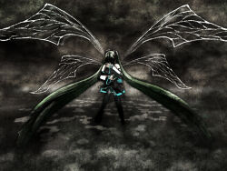1girl 2009 3d abstract_background deino_(deino3330) detached_sleeves green_hair hatsune_miku horror_(theme) insect_wings long_hair necktie pleated_skirt skirt solo thighhighs twintails very_long_hair vocaloid wings