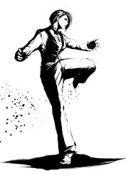 Rule 34 | 1girl, blade43883059, bow, bowtie, breasts, earrings, formal clothes, jewelry, king (snk), leg up, long sleeves, medium breasts, shirt, shoes, short hair, standing, standing on one leg, suit, the king of fighters, thick thighs, thighs, tuxedo, wide hips