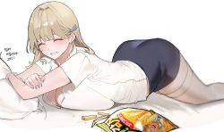1girl alternate_costume ass blonde_hair blush breast_press breasts closed_eyes commentary_request food goddess_of_victory:_nikke highres huge_breasts korean_commentary long_hair mora_(moraippai) pillow shirt skirt smile solo tia_(nikke) white_background white_shirt