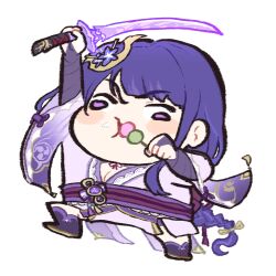 arm_up braid breasts bridal_gauntlets chibi chibi_only cleavage dango eating food genshin_impact hair_ribbon highres holding holding_sword holding_weapon japanese_clothes katana kimono long_braid long_hair low-tied_long_hair mitsudomoe_(shape) multicolored_hair neck_ribbon purple_hair purple_kimono purple_sash raiden_shogun red_ribbon ribbon sash short_sleeves simple_background standing standing_on_one_leg streaked_hair sword tomoe_(symbol) wagashi weapon white_background wide_sleeves yoelu