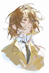 1boy akechi_gorou binxngchng1 brown_hair brown_jacket collared_shirt cropped_torso crossed_bangs eyelashes floating_hair hair_behind_ear highres jacket lapels looking_ahead male_focus necktie notched_lapels parted_bangs parted_lips persona persona_5 red_eyes shirt simple_background solo teeth upper_body white_background white_shirt wing_collar