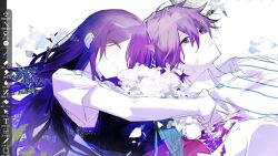 1boy 1girl ^_^ alternate_eye_color art_program_in_frame blue_shirt blue_sweater_vest bouquet closed_eyes closed_mouth colored_skin double-parted_bangs flower grey_eyes hair_between_eyes hair_over_one_eye hero_(headspace)_(omori) hero_(omori) highres holding holding_bouquet ibispaint_(medium) knee_up long_hair looking_up lying mari_(headspace)_(omori) mari_(omori) omori on_back one_eye_covered parted_lips purple_hair red_skirt shanahan shirt short_hair simple_background skirt straight_hair striped_clothes striped_shirt sweater_vest two-tone_shirt upper_body vertical-striped_clothes vertical-striped_shirt white_background white_flower white_shirt white_skin