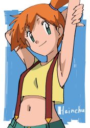 1girl armpits arms_behind_head arms_up asymmetrical_hair blush breasts closed_mouth crop_top denim denim_shorts eyelashes female_focus green_eyes green_shorts hainchu hair_tie highres looking_at_viewer midriff misty_(pokemon) navel nintendo orange_hair pokemon pokemon_(anime) pokemon_(classic_anime) ponytail shirt short_hair short_shorts shorts side_ponytail sleeveless sleeveless_shirt smile solo suspenders tank_top upper_body yellow_shirt