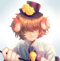 Rule 34 | 1boy, ascot, bad id, bad source, bad tumblr id, black hat, brown hair, collared shirt, curled horns, demon horns, evil grin, evil smile, eyes visible through hair, flower, grin, hair over eyes, hat, hat flower, holding, holding staff, horns, kuzudon, long sleeves, looking at viewer, male focus, mini hat, mini top hat, pocket mirror, red ascot, rose, sharp teeth, shirt, short hair, skull brooch, smile, solo, staff, strange boy, teeth, top hat, upper body, white background, white horns, white shirt, yellow eyes, yellow flower, yellow rose