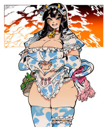 1girl animal_ears animal_print bag bell black_hair blue_thighhighs blush breasts cleavage commentary_request cow_ears cow_horns cow_print cow_tail elbow_gloves fake_animal_ears fake_horns gloves green_eyes horns kafun large_breasts long_hair looking_at_viewer navel neck_bell open_mouth original puffy_short_sleeves puffy_sleeves short_sleeves simple_background smile solo stomach tail thighhighs thighs white_background