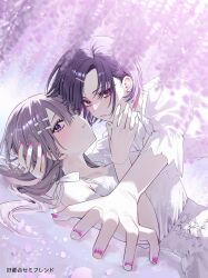 Rule 34 | 2girls, black hair, blue eyes, chigusa minori, choker, commentary, dress, flower, grey hair, hair ornament, hairclip, hamanasu ruka, hand in another&#039;s hair, highres, koutsugou semi-friend, kuruma suuna, long hair, looking at viewer, lying, multiple girls, nail polish, on back, pink choker, pink nails, purple eyes, short hair, short sleeves, white dress, yuri
