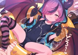1boy 1girl :3 asymmetrical_legwear bar_censor black_hair blue_jacket blue_one-piece_swimsuit breasts censored character_request closed_mouth collarbone commentary_request covered_navel cum cum_on_clothes demon_girl demon_horns demon_wings hair_over_one_eye highres hood hood_up horns horns_through_headwear jacket loli mismatched_legwear monster_musume_td multicolored_hair one-piece_swimsuit paid_reward_available partially_submerged penis pink_eyes pink_hair purple_socks purple_thighhighs robo_mikan short_hair single_sock single_thighhigh small_breasts socks solo_focus spoken_x spread_legs square_pupils streaked_hair striped_clothes striped_socks striped_thighhighs swimsuit thighhighs variant_set wading_pool wings